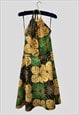 70's Vintage Ladies Halter Neck Sundress Batik Green Yellow