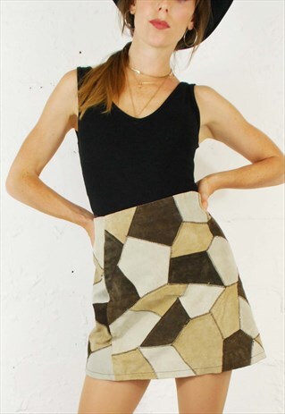 VINTAGE 90S DOES 70S SUEDE LEATHER PATCHWORK SKIRT