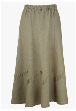 Khaki Long Skirt A-Line Linen Blend Pintuck Trim Panel