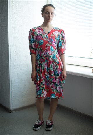 VINTAGE 80'S RED FLOWER PRINT BUTTONS UP SHORT SLEEVED DRESS