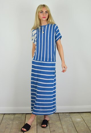 VINTAGE 70S BLUE & WHITE STRIPE KNITTED MAXI DRESS