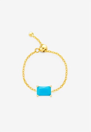 Gold Chain Ring With Turquoise Baguette Stone - Adjustable