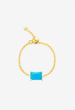 Gold Chain Ring With Turquoise Baguette Stone - Adjustable
