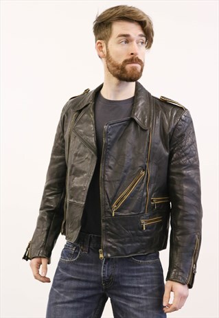 VINTAGE 1980S BLACK BIKER LEATHER BOMBER JACKET
