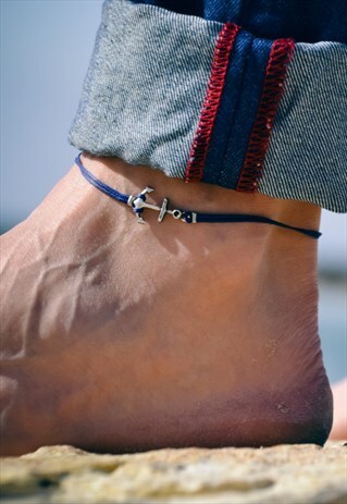ANCHOR ANKLET FOR MEN, SILVER ANCHOR AND BLUE CORD, MEN'S