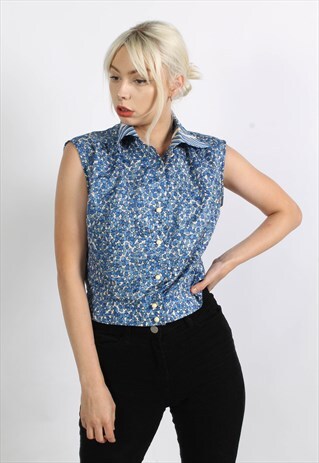 VINTAGE 80'S BLOUSE SLEEVELESS FLORAL PATTERNED BLUE