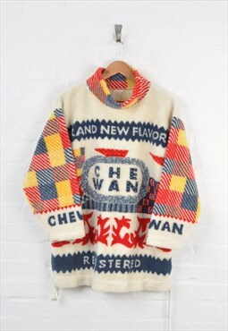 Vintage Fleece High Neck Sweater 80s Pattern White Ladies L