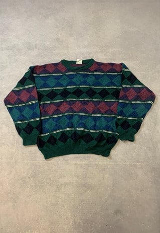 VINTAGE KNITTED JUMPER ABSTRACT PATTERNED GRANDAD SWEATER