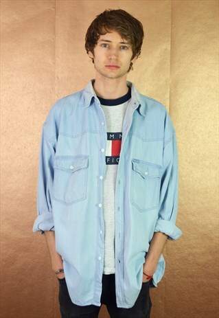 90S VINTAGE MINIMAL LIGHT BLUE LONG SLEEVE DENIM SHIRT