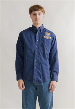 Vintage Wrangler Blue Long Sleeve Cotton Shirt Men M