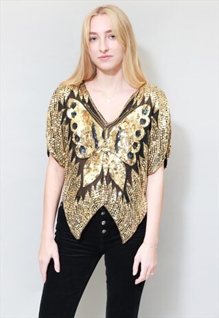 VINTAGE 1970'S ICONIC BLACK AND GOLD SEQUIN BUTTERFLY TOP