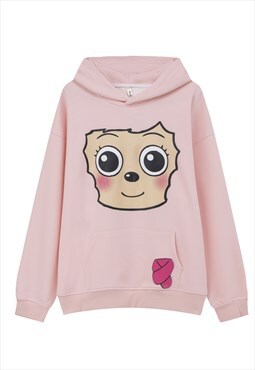 Cartoon hoodie animal print pullover anime top in pink