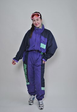 Retro one piece ski suit, purple snowsuit LARGE size acid 