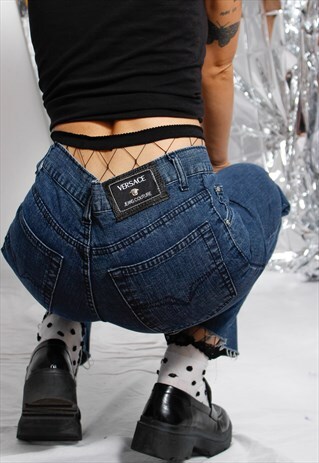 90S DESIGNER VERSACE JEANS COUTURE WASHED NAVY CROP JEANS