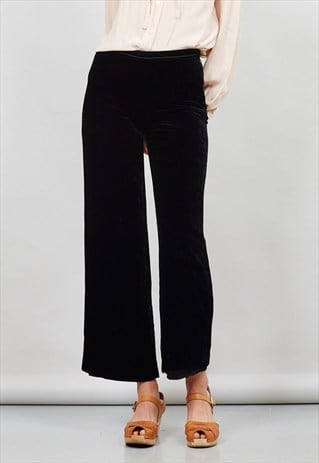 VINTAGE HIGH WAISTED BLACK VELVET WIDE LEG TROUSERS