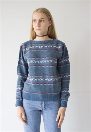 VINTAGE RETRO GREY BLUE WINTER JUMPER