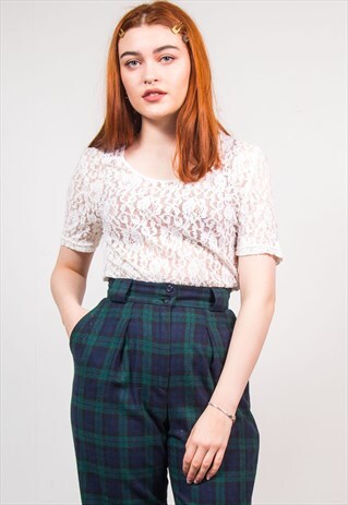 VINTAGE 90'S WHITE LACE PATTERN SHEER SHORT SLEEVE TOP