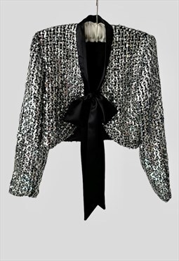 80's Silver Sequin Lurex Black Bolero Pussy Bow Jacket