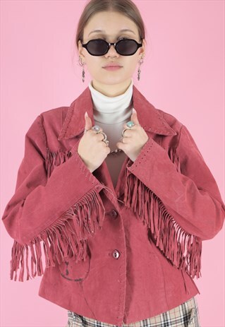 VINTAGE LEATHER JACKET IN PINK RED SUEDE WITH FRINGE TASSEL