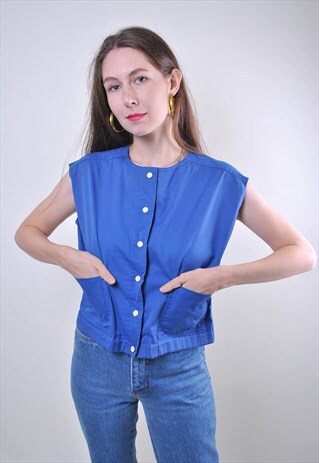 80S MINIMALIST WOMEN BLUE COTTON SLEEVELESS SHIRT