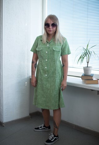 VINTAGE 80'S GREEN MIDI SHORT SLEEVED DRESS