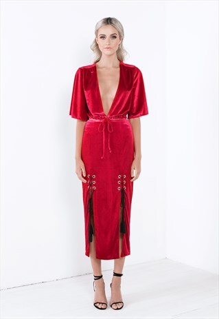 VELVET CROP TOP IN RED WITH DRAWSTRING HEM