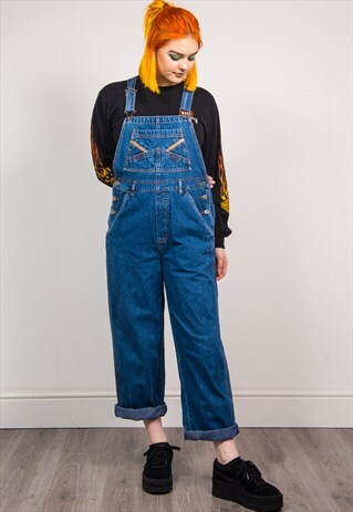 VINTAGE 90'S BLUE DENIM LONG STRAIGHT LEG DUNGAREES