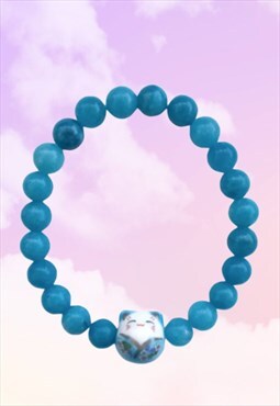 Cute Lucky Cat - Blue Angelite Beaded Gemstone Gift Bracelet