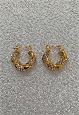 HOLLYWOOD. Gold Crystal Croissant Twist Hoop Earrings