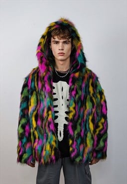 Hooded faux fur stripe neon jacket festival bomber rave coat