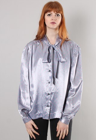VINTAGE 80S SATIN POLKA DOT TIE NECK BLOUSE