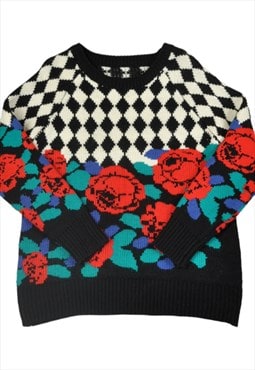 Vintage  Knitwear Sweater Retro Rose Pattern Ladies Small