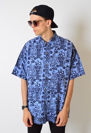 VINTAGE 90S BLUE ABSTRACT AZTEC SHORT SLEEVE SHIRT