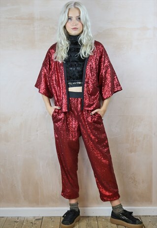 SEQUIN CROP PANTS & KIMONO CO-ORDINATES IN RED