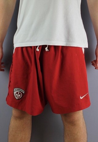 VINTAGE NIKE FC KAIRSERSLAUTEN SHORTS IN RED WITH EMBROIDERE