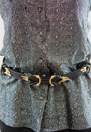 VINTAGE 80S BLACK KNOTTED LEATHER AND GOLD DETAIL BELT