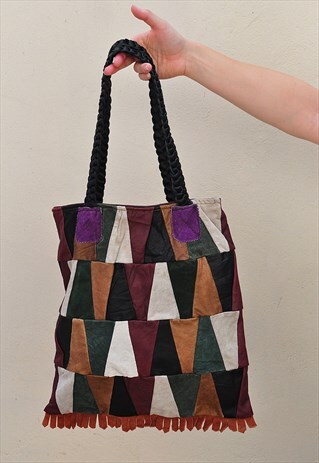 VINTAGE FRINGED SUEDE AND LEATHER PATCHWORK TOTE BAG