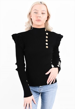 BLACK RIBBED FRILL TRIM BUTTON DETAIL TOP