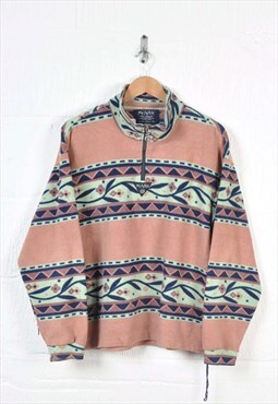 Vintage Fleece 1/4 Zip Retro Aztec Pattern Pink Medium