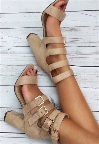 NUDE FAUX SUEDE HEELED CAGE SANDALS