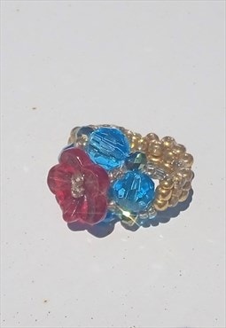 Bead woven ring,multi color glass beads/glass flowe