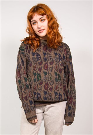 VINTAGE 90'S BROWN LEAF PRINT OVERSIZED KNIT JUMPER