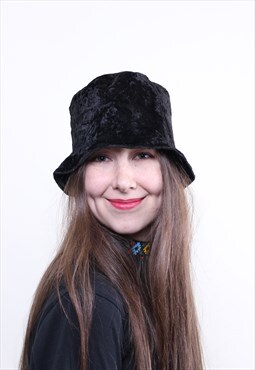 Vintage velvet bucket hat, black retro Cloche Hat