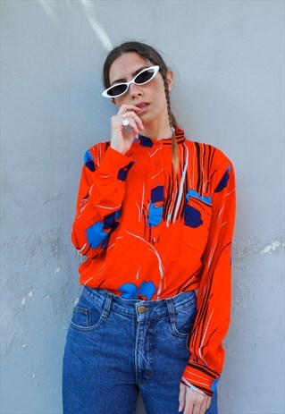VINTAGE FLOWERED RED GRANDAD COLLAR BLOUSE