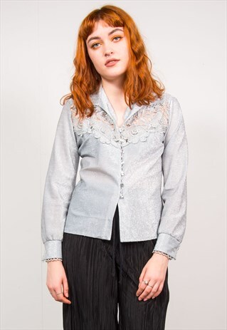 VINTAGE 70'S SILVER GLITTERY FLORAL CROCHET EMBROIDED BLOUSE