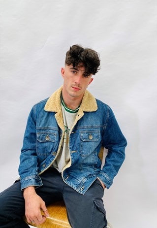 VINTAGE SIZE L DENIM SHEARLING JACKET IN BLUE