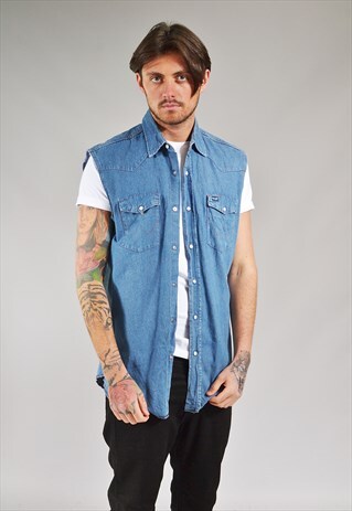 VINTAGE WRANGLER SLEEVELESS DENIM WESTERN SHIRT