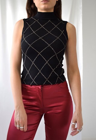 VINTAGE 90S HIGH NECK SLEEVELESS TANK CHECK ARGYLE MESH TOP