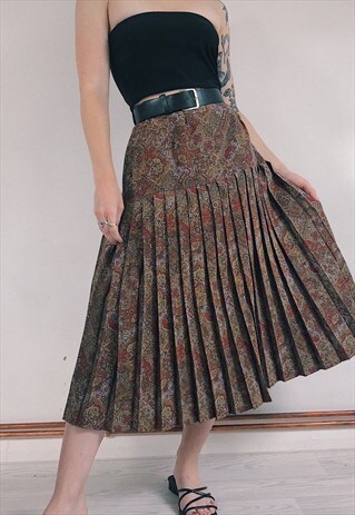 70S VINTAGE PLEATED PATTERNED MIDI SKIRT