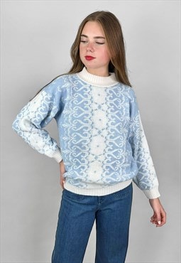 80's Vintage White Blue Silver Lurex Long Sleeve Jumper